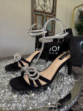 Jones New York Tarrie Black Crystal-Embellished Ankle-Strap Heels NEW 7